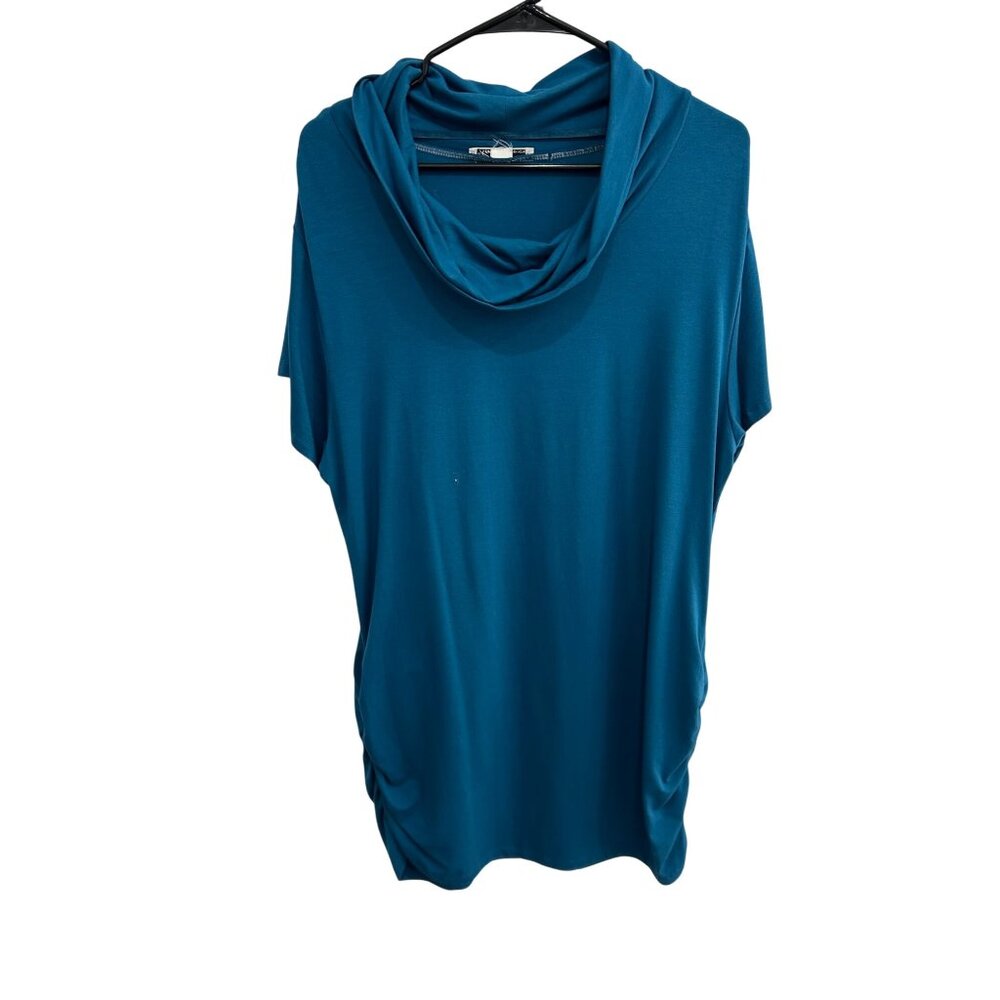 Kenneth Cole Teal Ruched Sides Short Sleeve Cowl Neck Top Evening Stylish